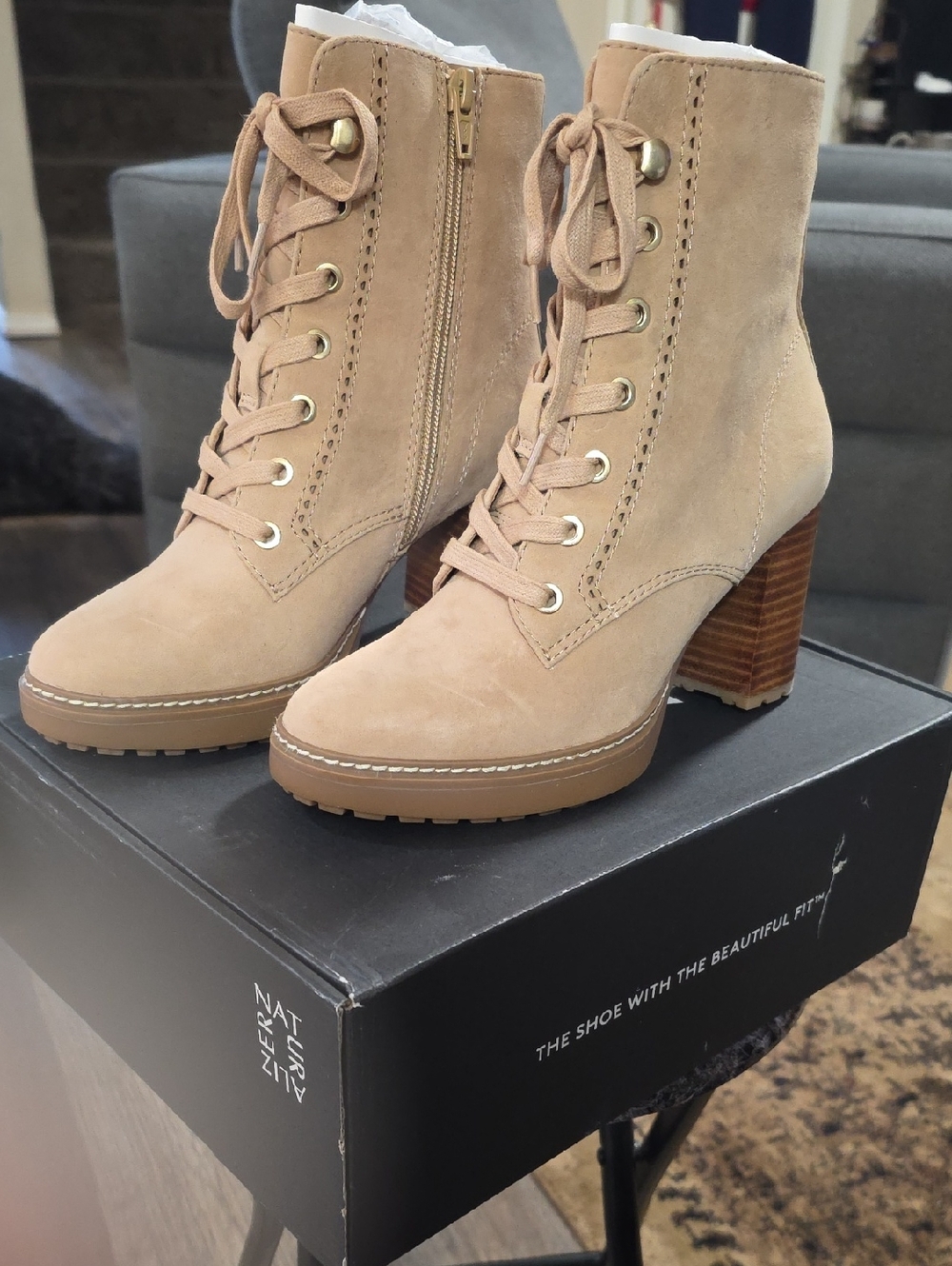 Naturalizer Women's Lace-Up Suede Ankle Boots in Beige. Leather Upper